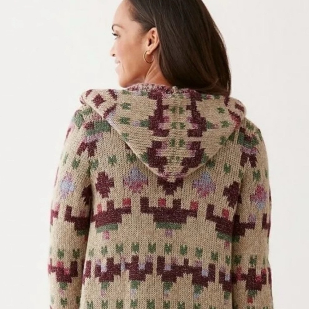 J.Jill Aztec Lenox Hooded Cardigan Sweater Size Medium Brooch Closure Wool Blend - Picture 2 of 9